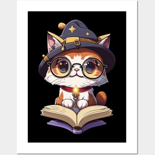 Cute Magical Cat with a Spellbook - Adorable Magic Cat Cartoon Posters and Art